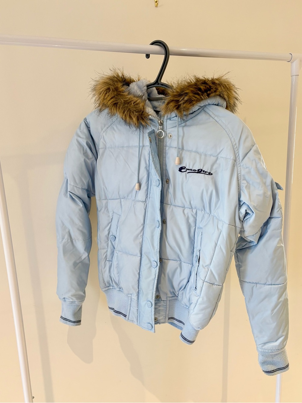 Exco blue puffer jacket with fur hood
